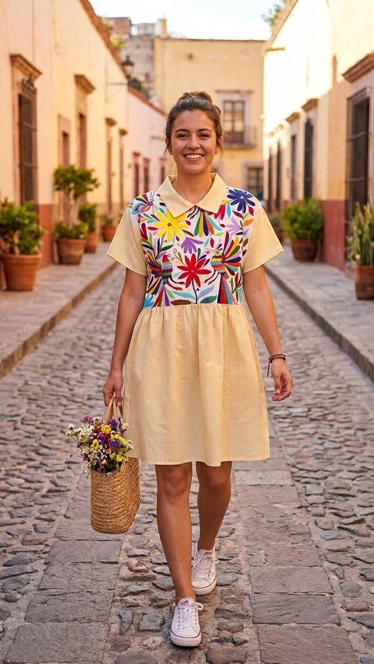 Mujer joven con vestido de tela cruda y bodice bordado a mano con motivos florales multicolores, caminando por una calle empedrada de un pueblo colonial con flores en una canasta de mimbre