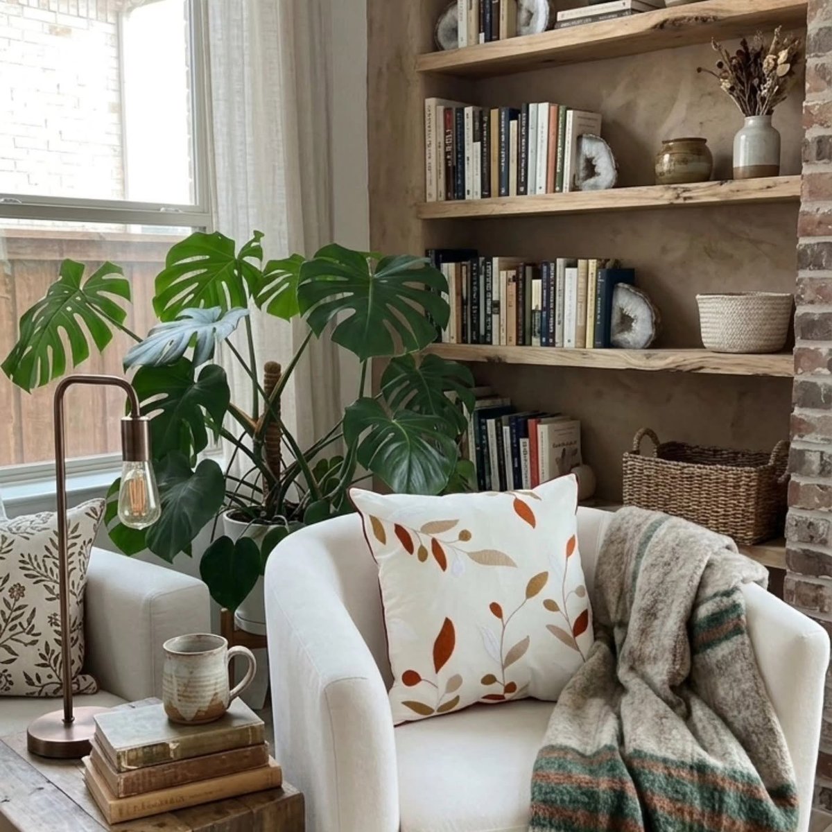 Sillón blanco con cojín bordado a mano con hojas en tonos cálidos otoñales, junto a planta monstera y estantería con libros