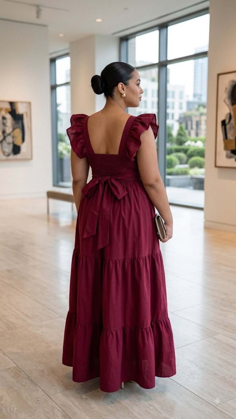 Vista trasera de la mujer con vestido de gala vino con mangas con vuelo y espalda con elástico regulable y lazo, en galería moderna con vista a la ciudad