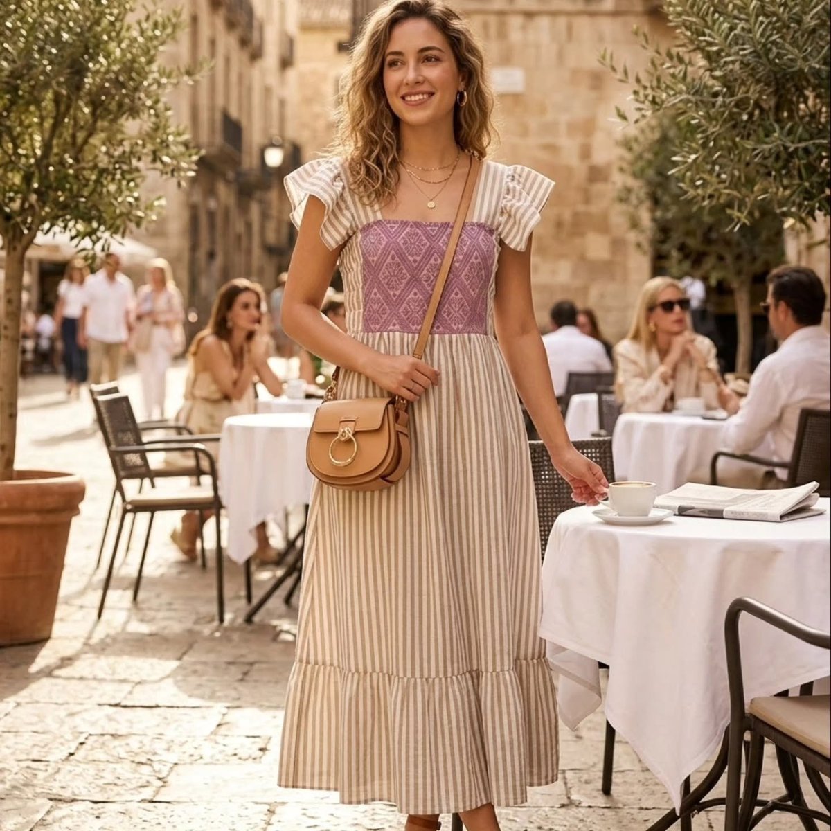 Mujer usando vestido midi de rayas con tejido tzotzil morado y bolsa cruzada color tan, en un pueblo con terrazas al aire libre