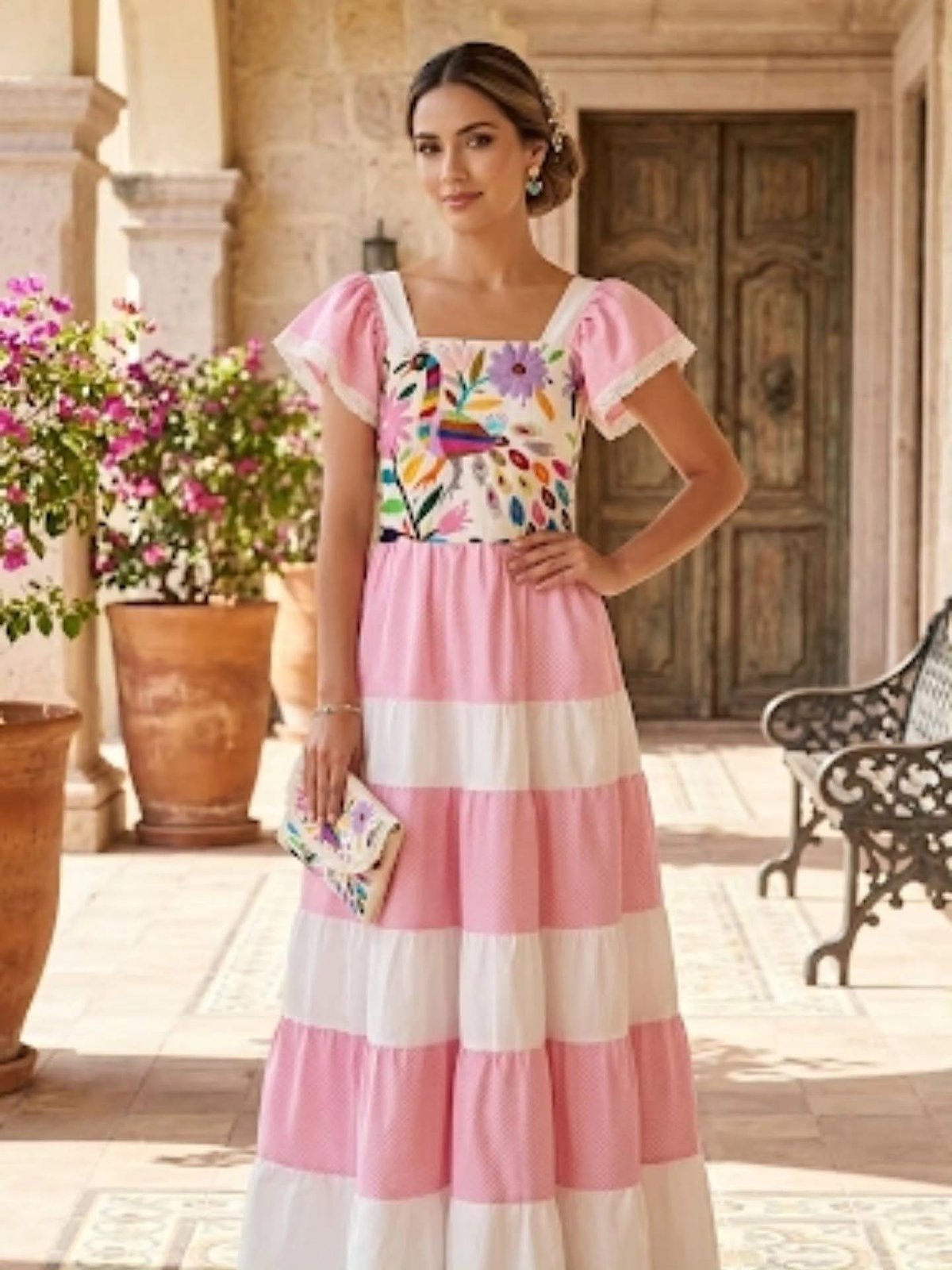 Mujer usando vestido largo rosa con rayas blancas y bodice bordado con motivos florales coloridos, en un elegante patio