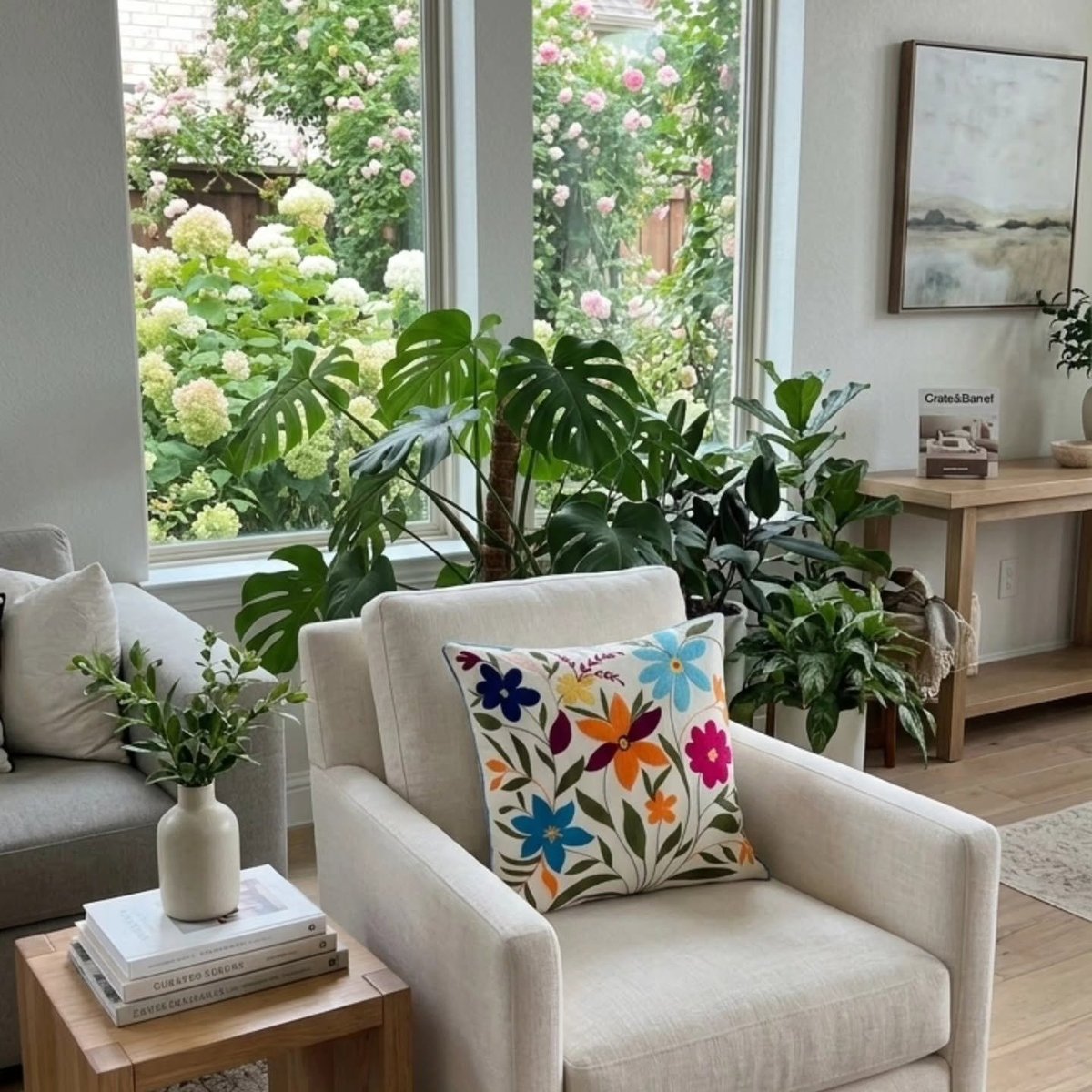 Sillón crema con cojín decorativo bordado a mano con flores multicolores, plantas y ventana al jardín