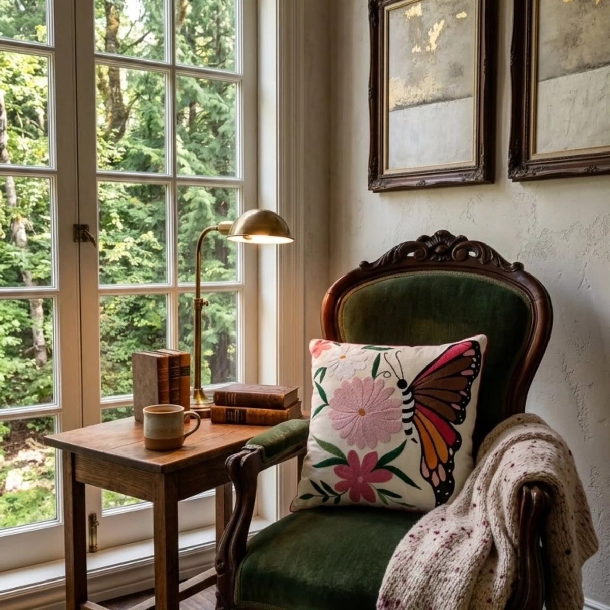 Sillón vintage verde junto a ventana con cojín bordado a mano con mariposa monarca y flores rosas